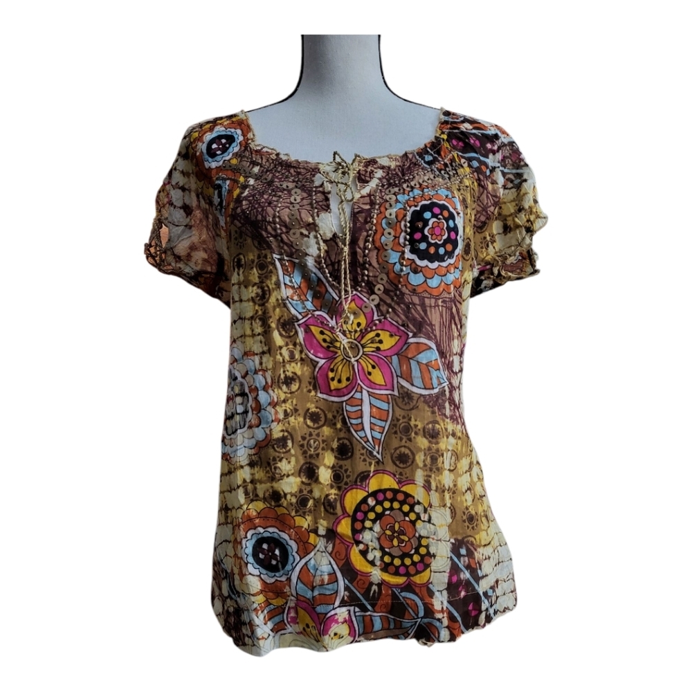 💕Raga Boho 100% Algondon Floral Top With Beaded Detailing. Size S Oversized New